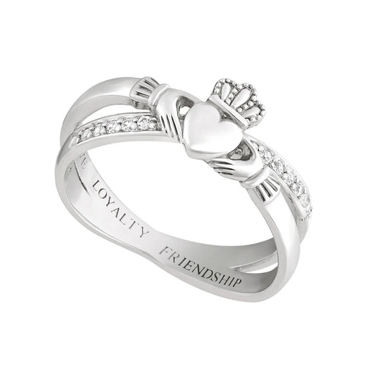 Silver Claddagh ring with heart and crown design on a white background
