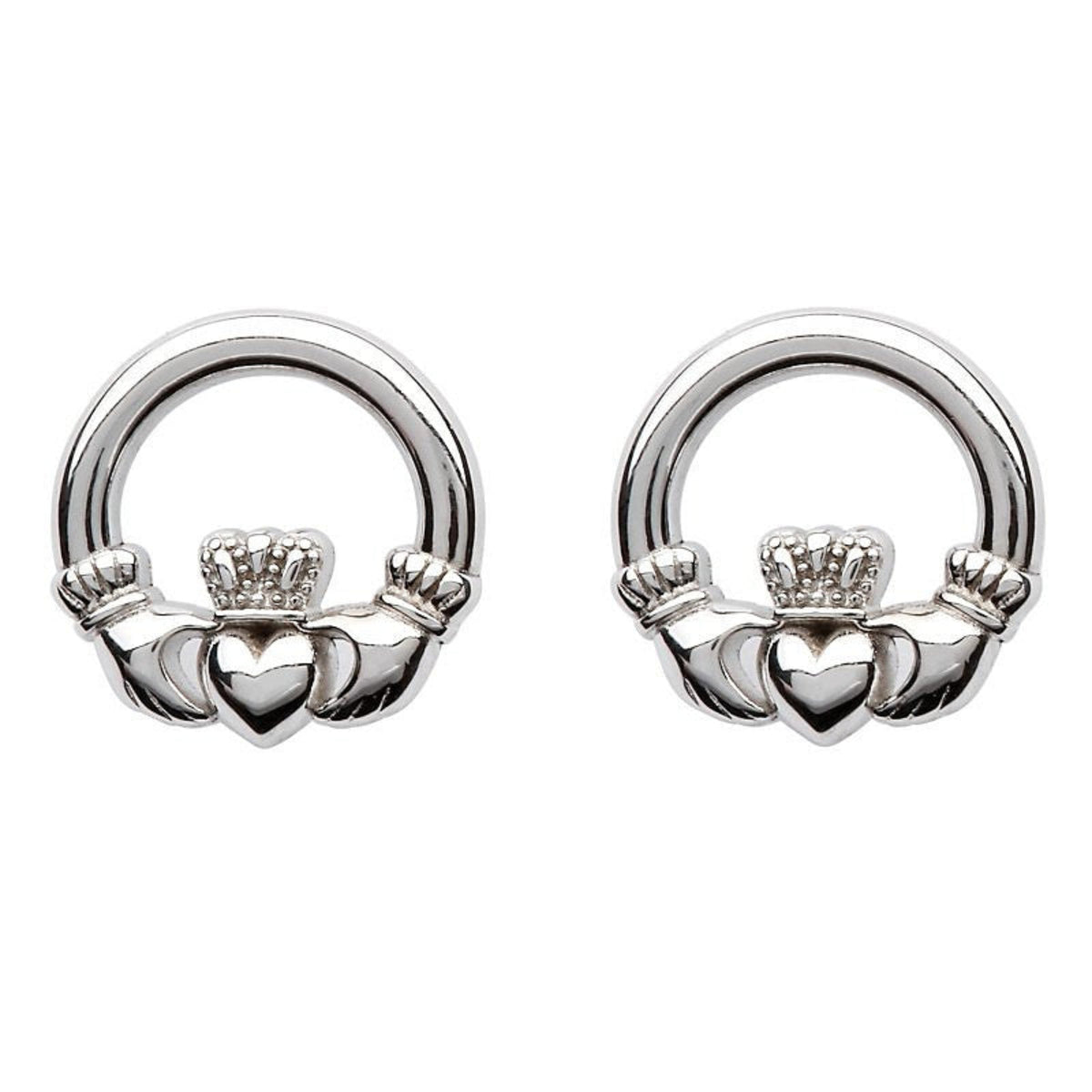 Pair of silver Claddagh ring earrings on a white background