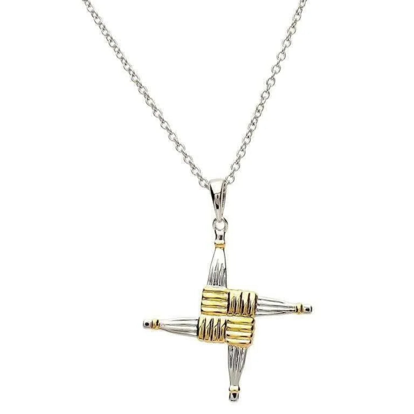 Two-tone silver and gold cross pendant on a chain against a white background