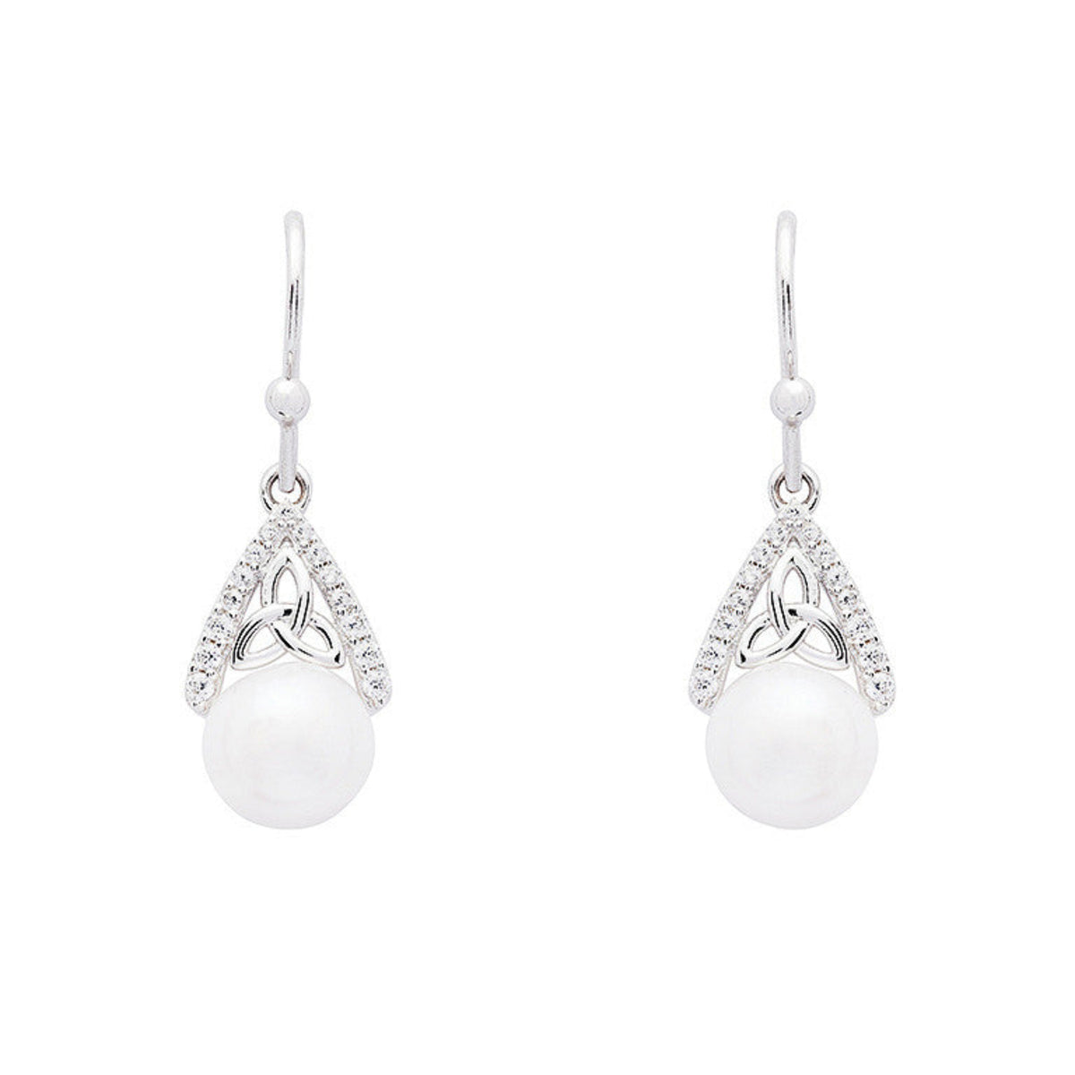 Pair of silver earrings with white gemstones on a white background