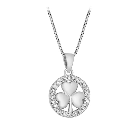 Silver pendant with a clover design on a white background