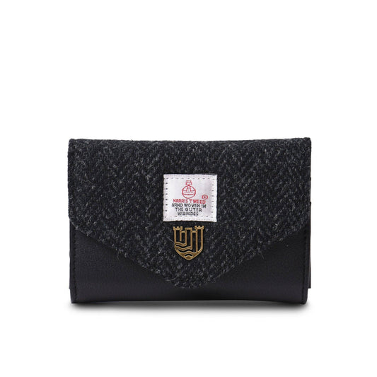 Black Harris Tweed Wallet with Fold over Clasp