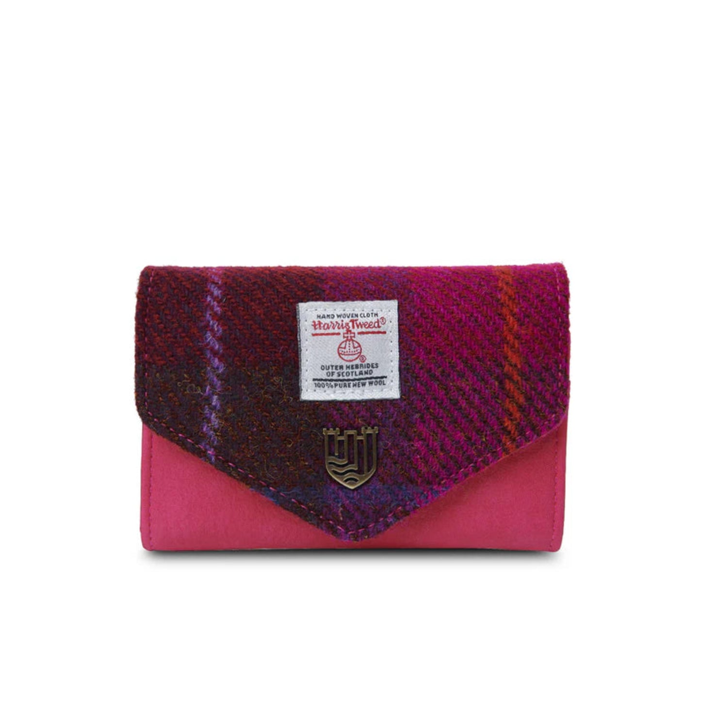 Pink and purple checkered wallet with a brand label on a white background