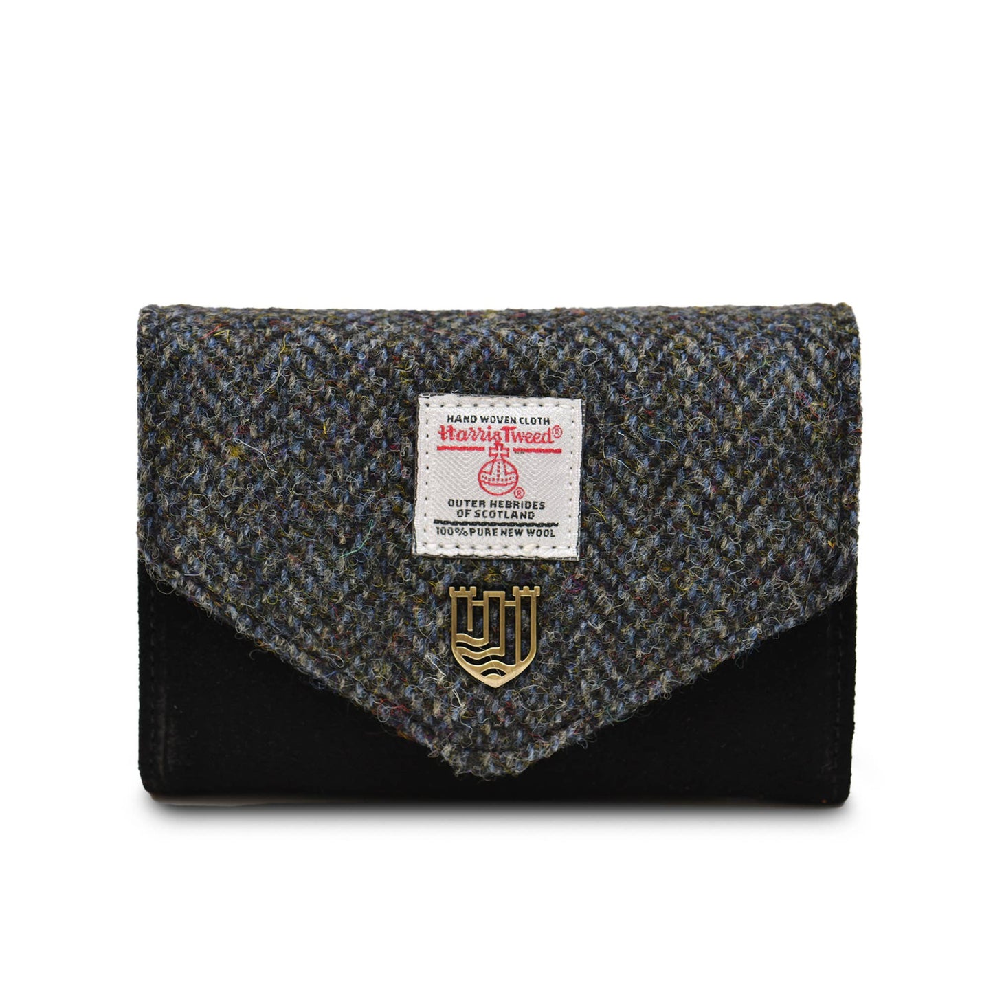 A black small clasp purse with Harris Tweed and PU leather, featuring a metal popper fastening and a label showing the brand name.