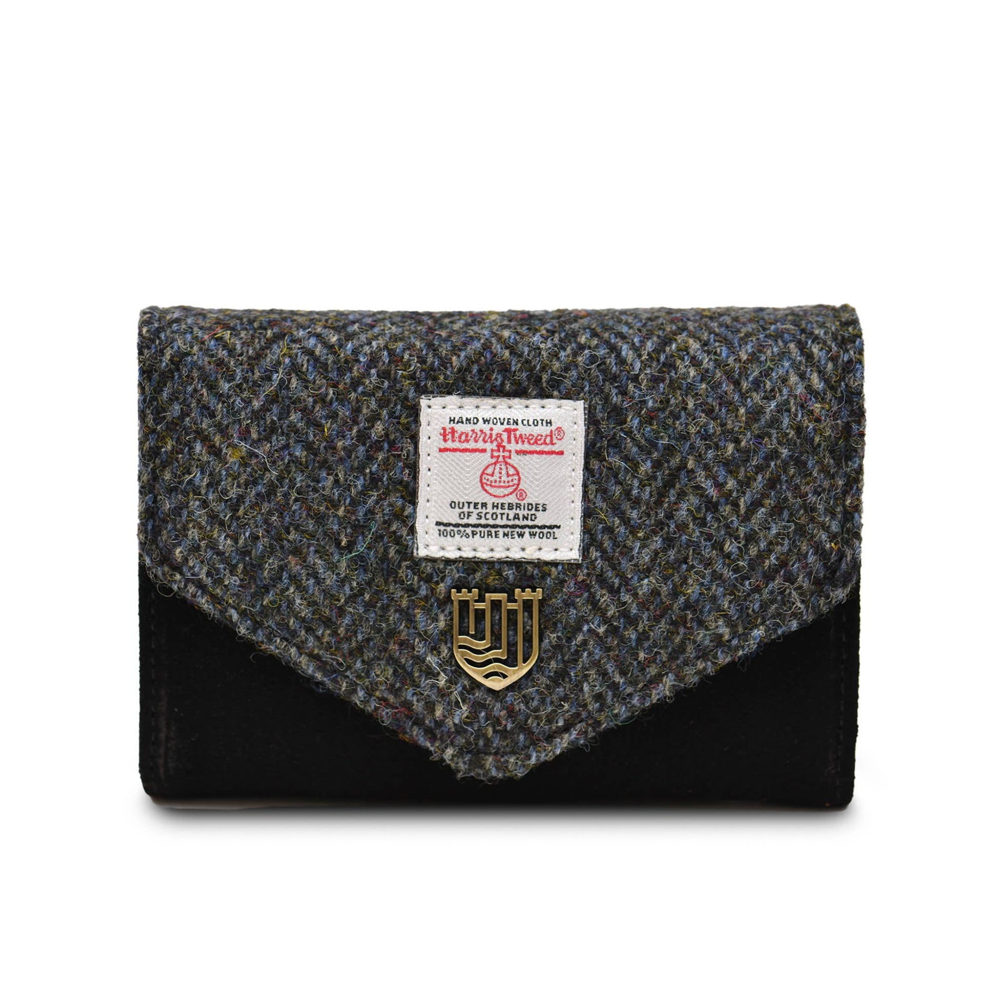 A black small clasp purse with Harris Tweed and PU leather, featuring a metal popper fastening and a label showing the brand name.