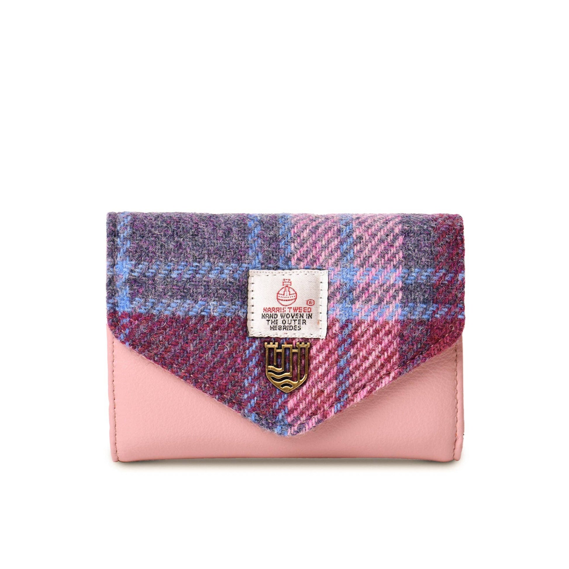 A pink small clasp purse with Harris Tweed and PU leather, featuring a metal popper fastening and a label showing the brand name.