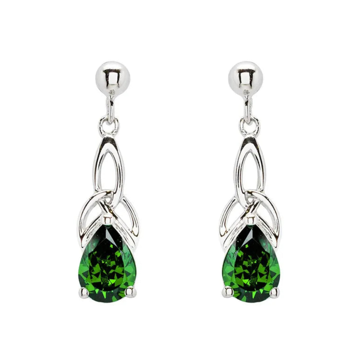 A pair of sterling silver emerald green cubic zirconia trinity knot earrings.