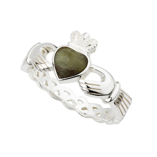 A sterling silver Claddagh ring with a heart-shaped Connemara marble inset, featuring intricate weave details.