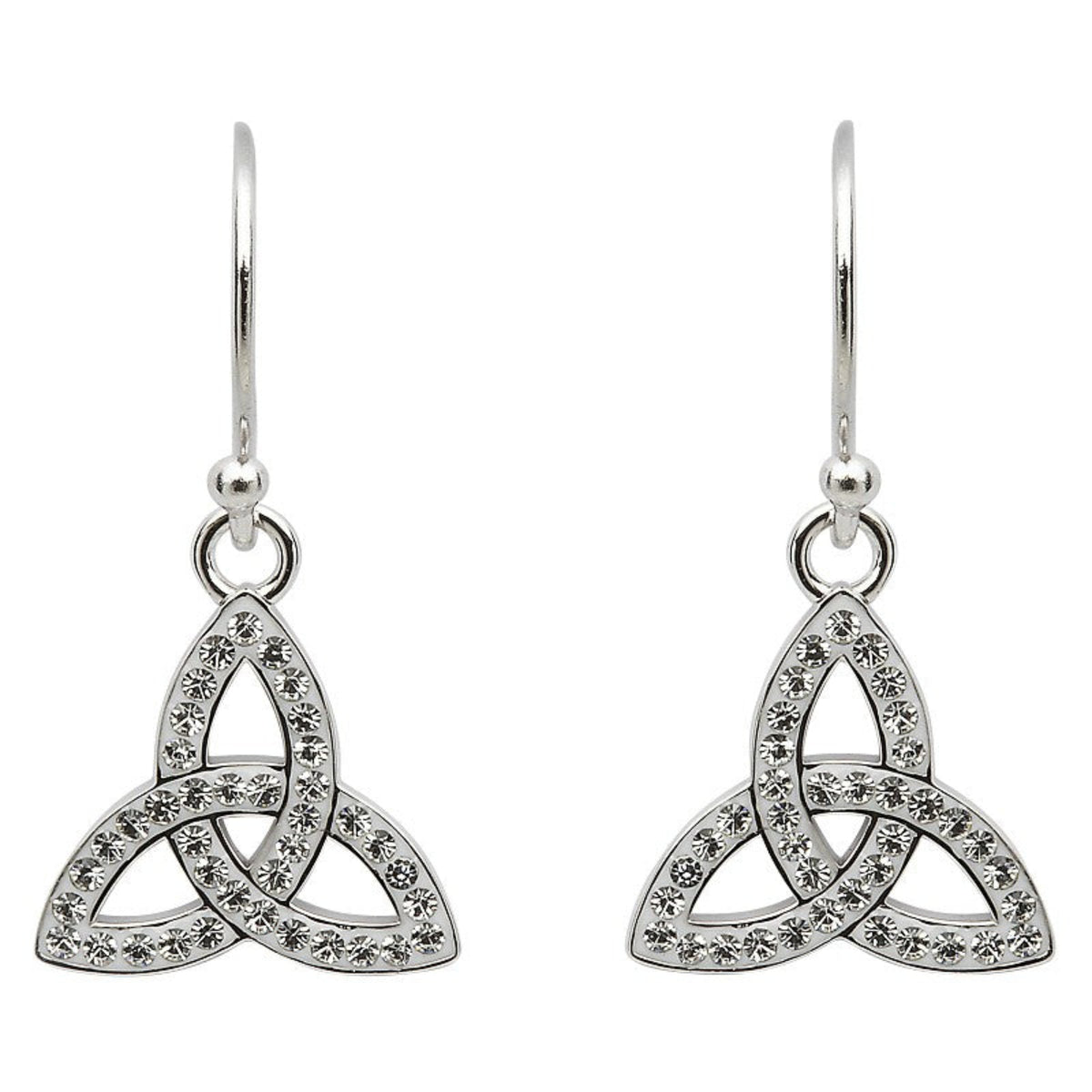 A pair of sterling silver trinity earrings adorned with white crystals, featuring a dangling design with a Celtic Trinity Knot motif.
