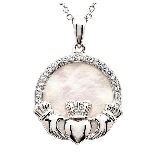 Sterling Silver Mother of Pearl Irish Claddagh Medallion Pendant with White Crystals