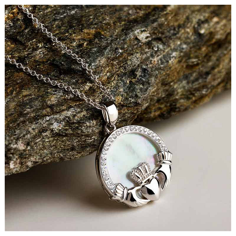 Sterling Silver Mother of Pearl Irish Claddagh Medallion Pendant with White Crystals