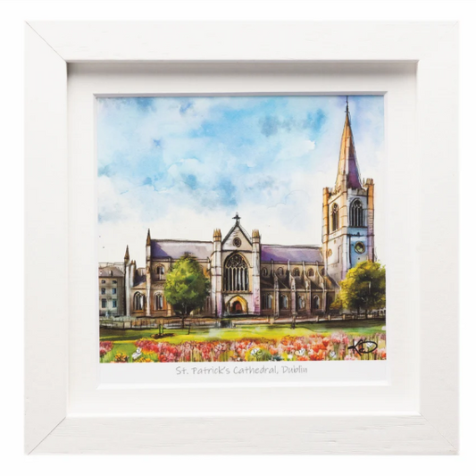 Framed artwork of St. Patrick's Cathedral, Dublin, with a white frame.