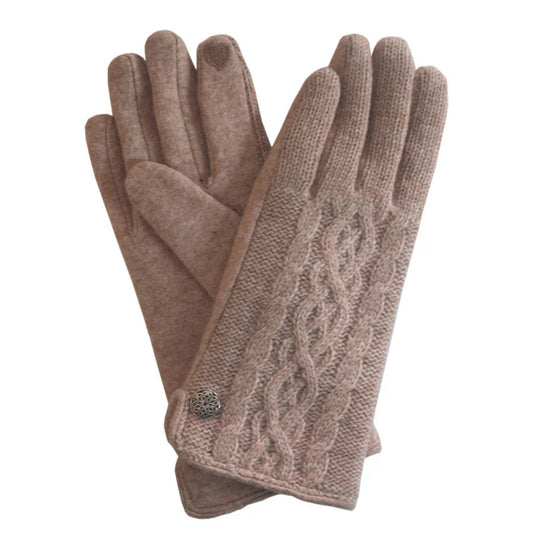Pair of brown gloves with cable knit pattern on a white background