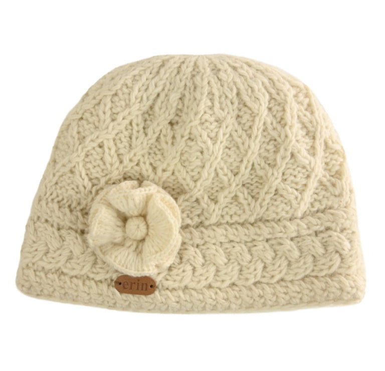 Aran Trellis Design Pullon Hat with Flower White