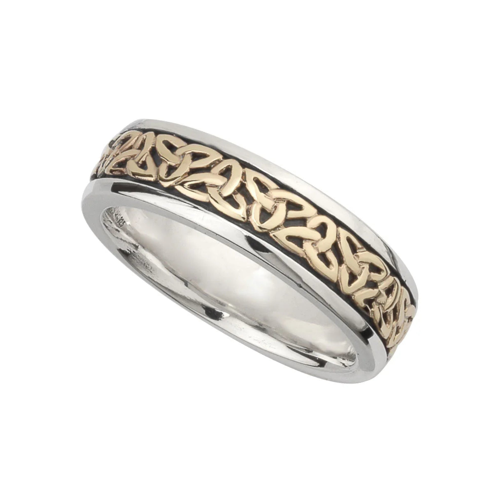 Two-tone ring with silver and gold Celtic knot design on a white background