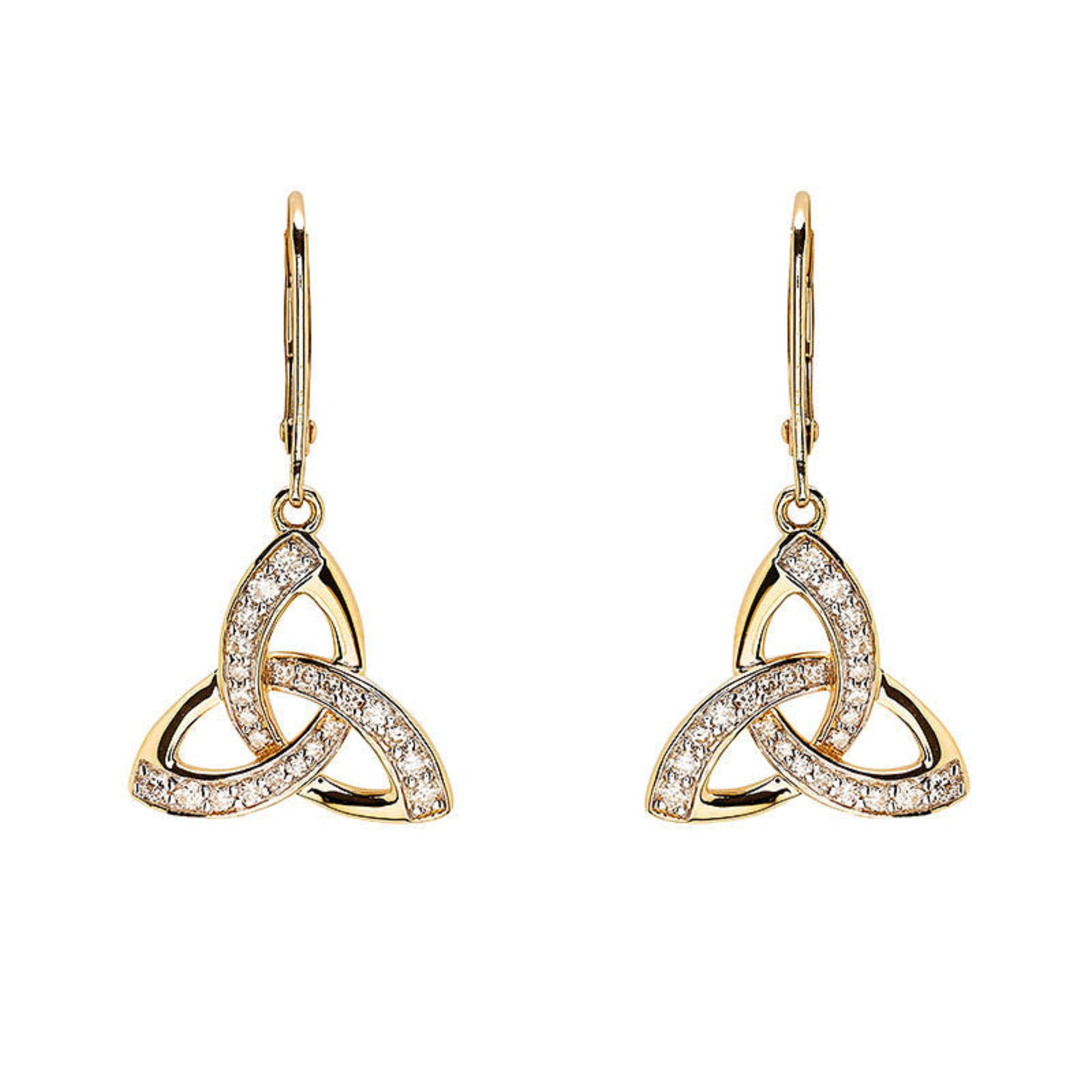 Gold trinity knot earrings with diamonds on a white background.