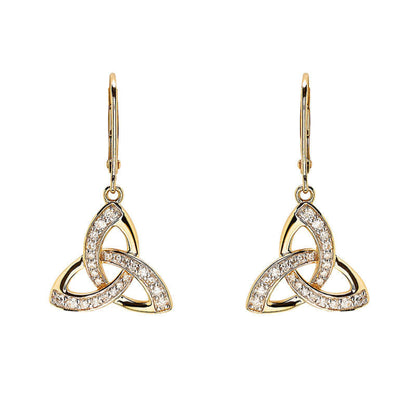 Gold trinity knot earrings with diamonds on a white background.