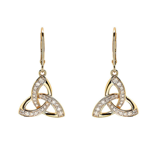 Gold trinity knot earrings with diamonds on a white background.