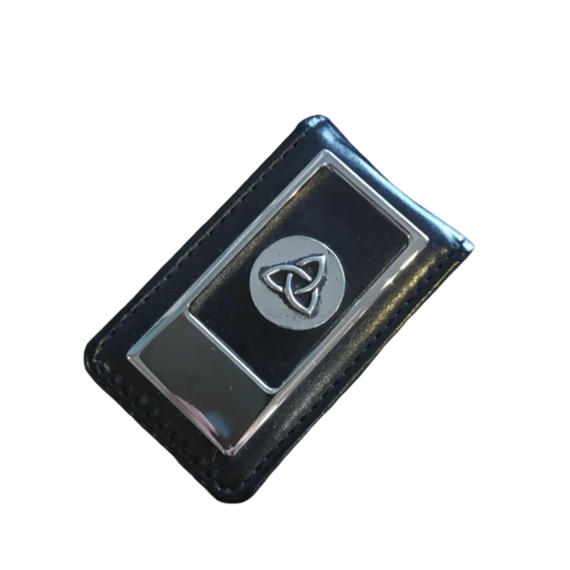 Black money clip with a silver-colored trinity knot emblem on the front.