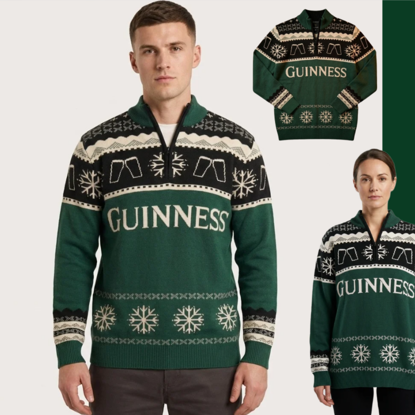 A dark green Guinness Christmas sweater with cream and black Nordic patterns, shown on a male model with two smaller inset views of the same sweater against a light gray background.