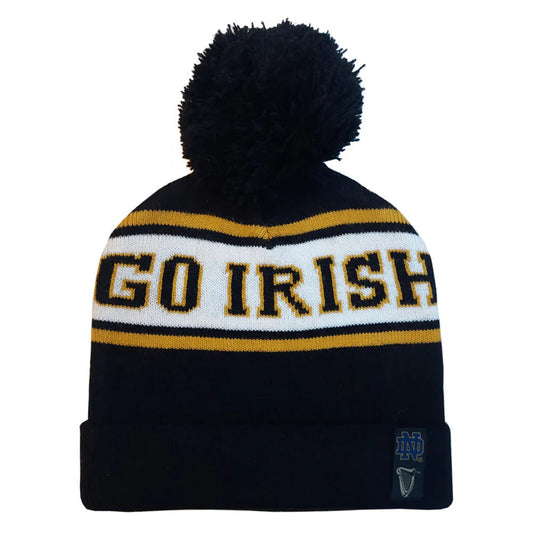 Black beanie with 'GO IRISH' text and pom-pom on a white background